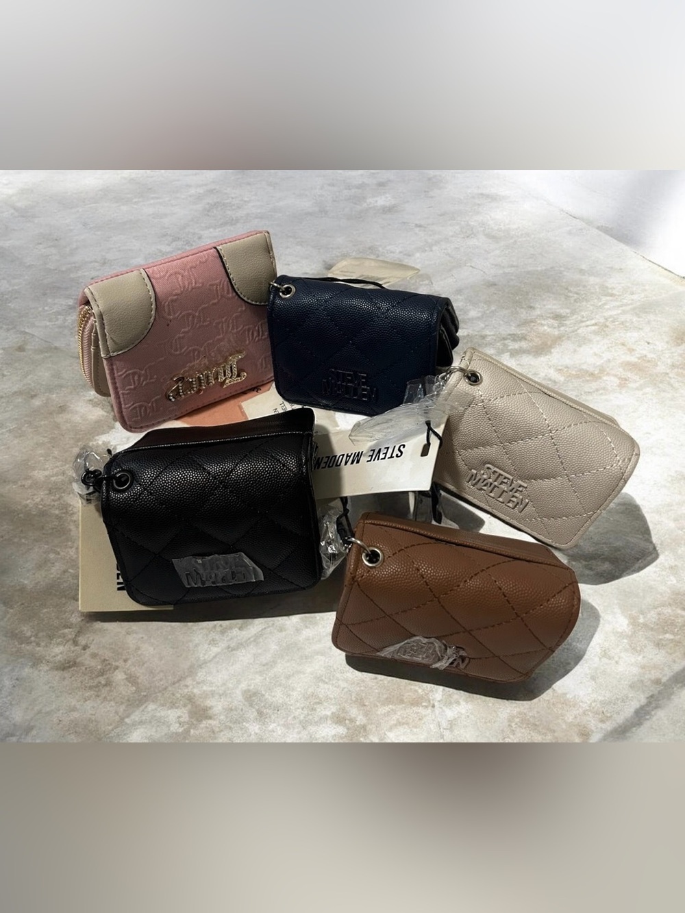 Steve Madden & Juicy CouQuilted Mini Wallets in Pink, Navy, Black, Beige & Brown